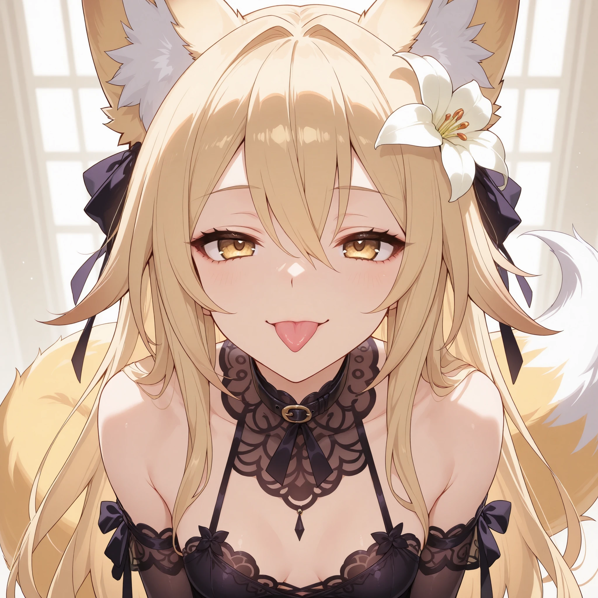 Fox girl, light-blonde, Renard, Fox tail, collar, Beautiful, Long Hair, Golden Eyes with purple shade, small breasts, garter, black lace dress, cheeky, hair ribbon, white lily on hair, alluring, close up to face, teasing, sexy smile, sticking tongue out, profile picture