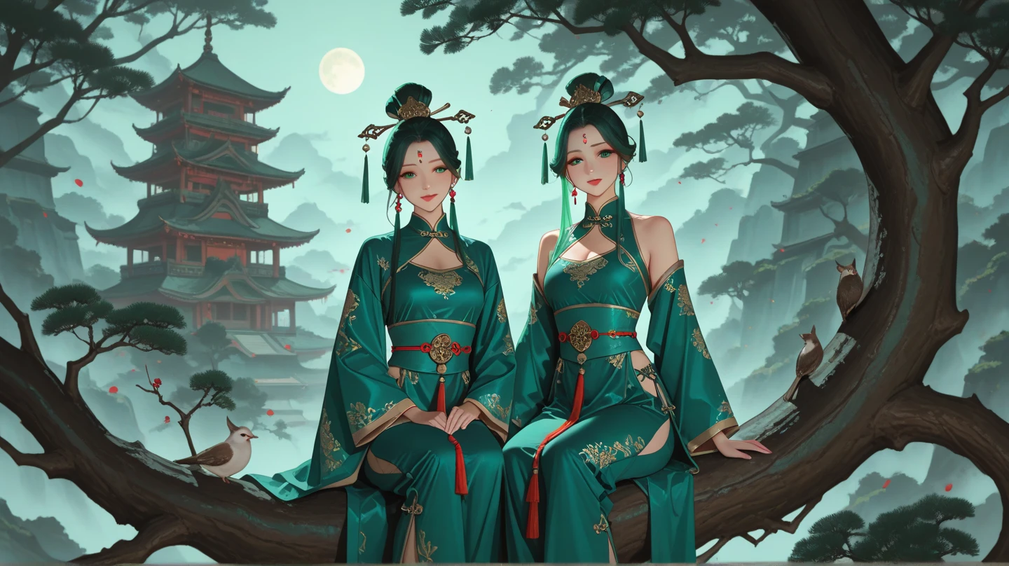 Create a picture of a Chinese girl, beautiful face, beautiful body, wearing ancient Chinese costume in jade green, she is sitting on an ancient tree branch playing the pipa, moonlit night, ancient palace.