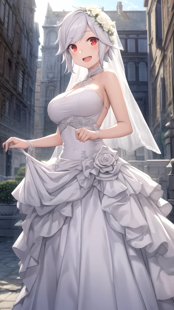 Close-up of beautiful bride wearing beautiful wedding dress,Guvitz,(Bridal veil:1.5),(Transparent short veil:1.5),Blush,Head flower,headdress,(Bandeau wedding dress:1.5),(Silk dress:1.2),(Strapless wedding dress:1.5),Plain white dress,necklace,earring,(mideum breasts:1.3),Deep V peach heart collar wedding dress,Liuhai,lipstick,(Lace gloves:1.3),Bust photo,High detail RAW color art,Tyndall phenomenon,Long white dress,full bodyesbian,