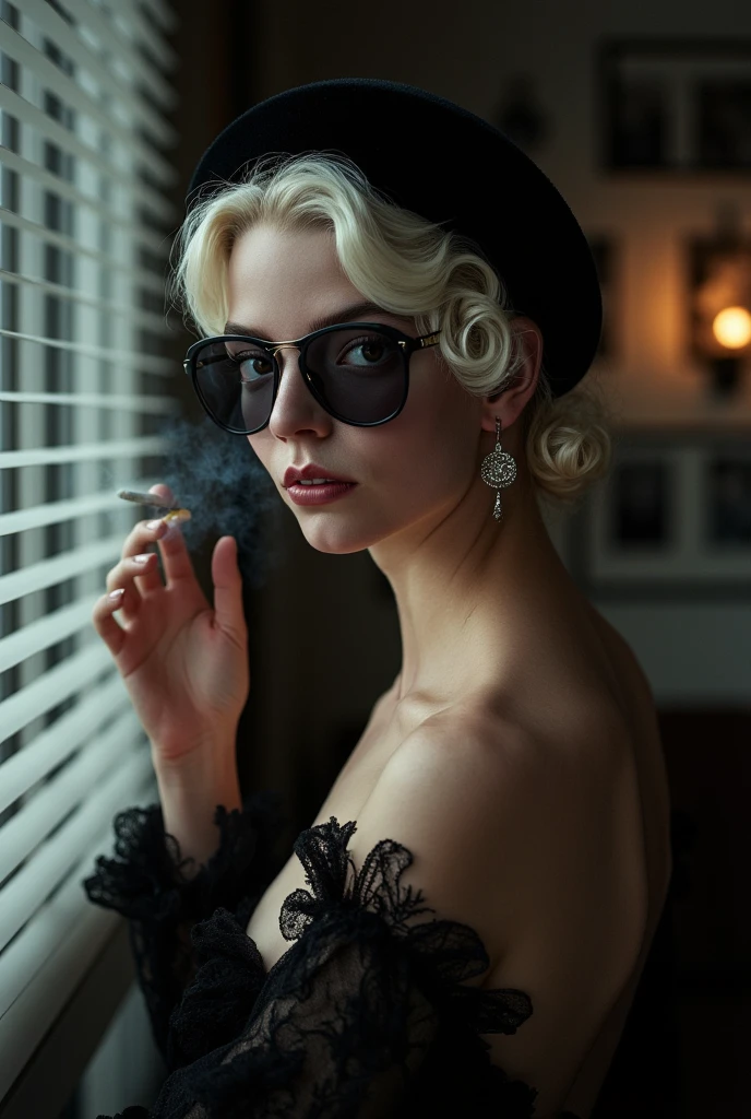photorealistic close-up portrait of a femme fatale, she has white curly hair, she has an elegant black hat on her head, she's wearing a sheer black dress with a deep neckline, she holds an elegant cigarette holder in her hand with a cigarette in her slightly open mouth, she looks at the viewer with a sensual gaze over her sunglasses, sensual expression, natural light skin tone, detailed skin texture, realistic skin with vellus hair and small moles, perfect fitness body, she stands in her office at night next to the big window, the light shines on her , there are black and white photographs on the wall behind her, rays of light from the blinds penetrate through the cigarette smoke, dramatic lighting, dramatic shadows, noir style, dark mystical atmosphere, high quality, masterpiece, cinematography, cinematic scene, photorealism, professional photography, intricate details, add detail
