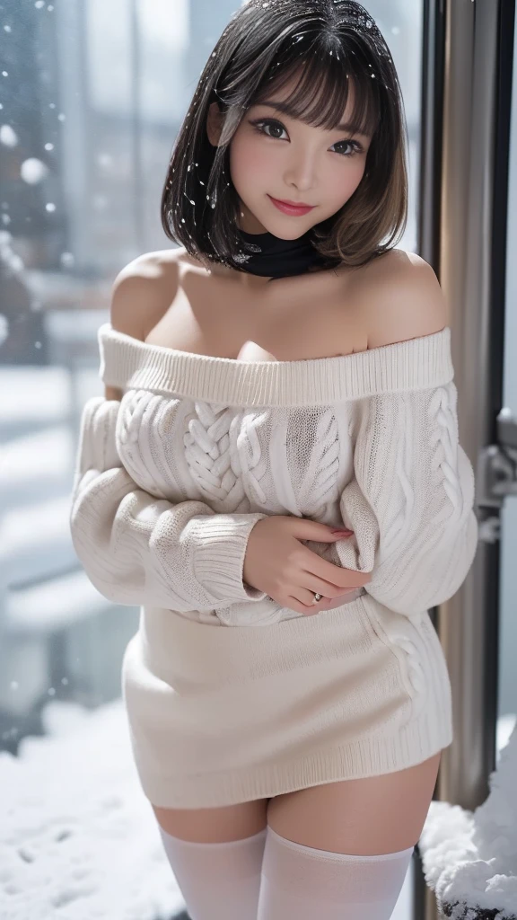 (a closeup:1.4), (RAW Photography:1.2), (Photorealsitic:1.4), (masterpiece:1.3), (top-quality:1.4), dream-like, (A detailed eye), (detailed facial features), (detailed clothes features), Clear skin, (shinny skin), (Slender and beautiful girl), (Beautiful leg lines), one girls, (FULL BODYSHOT), solo, cute little, Happy smiling face, (huge-breasted), beauty breast,bangss, Short Bob, A dark-haired,Black eye, Long Scarf, White wool sweater, off shoulders, a miniskirt, white panties,panties appearing, Snow boots, Panties are visible, obscenit,erotick, pantyshot, upskirt, back shot,