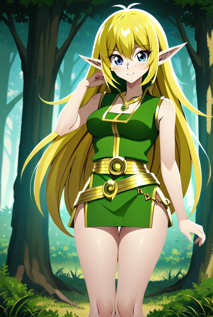 1girl, pointy ears, earrings, green hair, single braid, medium breasts, pink eyes, detailed eyes, light smile, parted lips,sundress, breasts, looking at viewer, full body, wind lift, 
standing, 
outdoors,