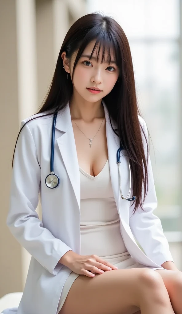 Photorealistic beautiful Hijab Indonesian Mature woman, doctor、stunningly beautiful、doctors white coat, Collared shirt、(top-quality、8K、32K、​masterpiece、nffsw:1.3)、超A high resolution,(Photorealsitic:1.4),Raw photography, Detailed face,,Beautiful hijab, ((Doctor Style)), , Black tight skirt、 Natural makeup,, (large full breasts : 1.4)、inside hospital, Detailed background, Perfect Lighting, depth of fields, Beautiful shadow gradient,stethoscope ,
