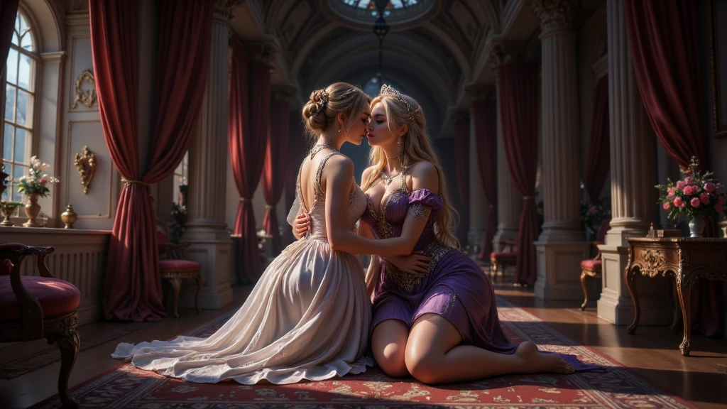 Game of Thrones, Deineris Targaryen, nude, blonde long hair, lesbian, wears a gold crown, posing lewdly, orgasm face, is in antique castle bedroom, dinamic pose (((Best Quality))),(((ultra detailed))),(((masterpiece)))