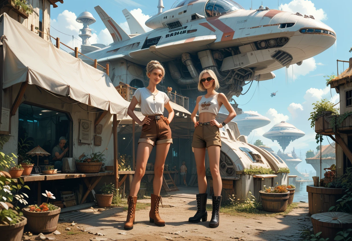 A skinny 50-year-old woman standing, hands on hips, in brown shorts, a shirt, and boots, standing next to a large, sleek cargo spaceship, sitting in a clearing, in a derelict alien town with clumps of fungi.