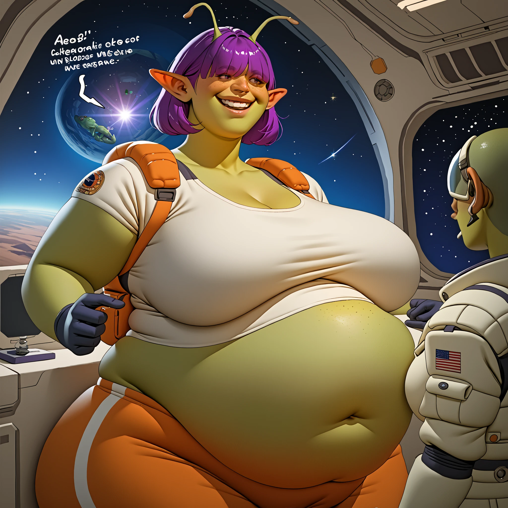 <lora:SyMix_Pony_v3_ep27:1> by Sizemologist, by DrWorm,
source_anime, score_9, score_8_up, score_7_up,
<lora:asari-sdxl-test:1> asari, bodysuit, blue eyes, (clothed midsection), space suit, arms at sides,
1girl, solo, cowboy shot,
space, star \(sky\), milky way,
fat, double belly, huge thighs, fat arms