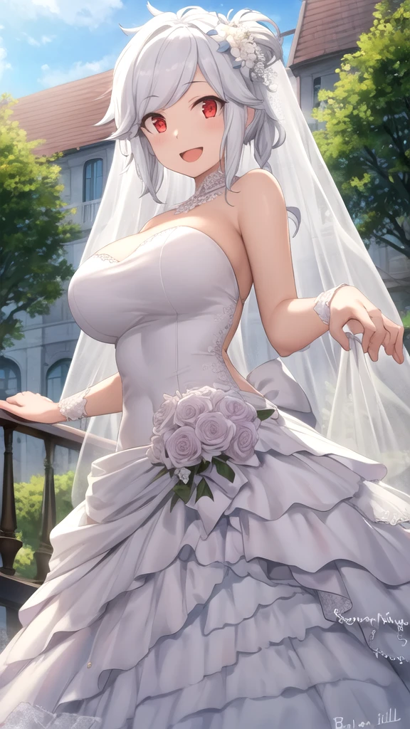 Huge breasts with bra and wedding dress with bouquet and veil in a Japanese courtyard 