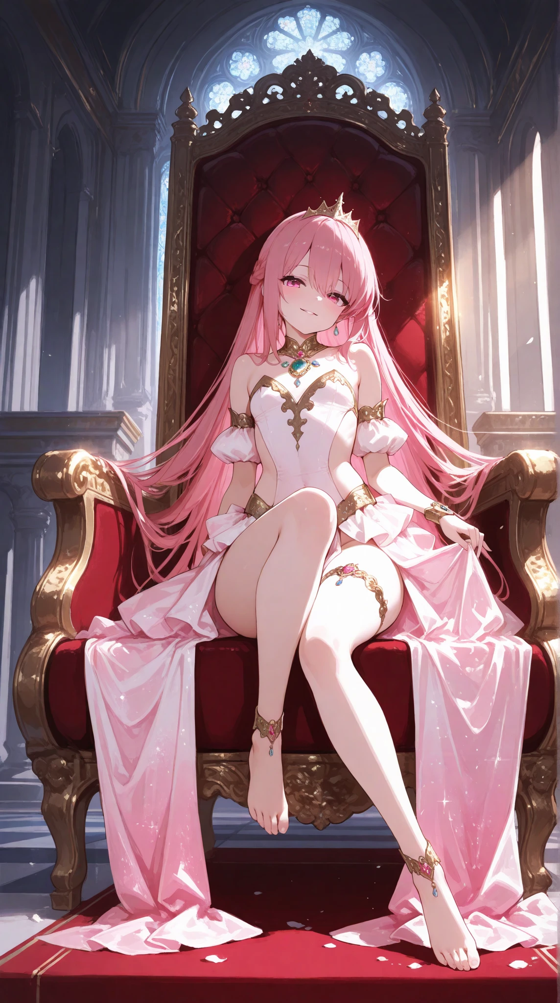 ((highest quality)), ((masterpiece)), (detailed), (Perfect Face)、The woman is Lacus Clyne and has long pink hair.、A gorgeous pink see-through dress with a long slit that lets you see right through to the skin, a see-through cape with fur, a necklace with jewels, a tiara, earrings, a head dress-up chain, a waist chain, bracelets, ankle bracelets, etc.々She wears lavish jewelry and shiny pink boots.