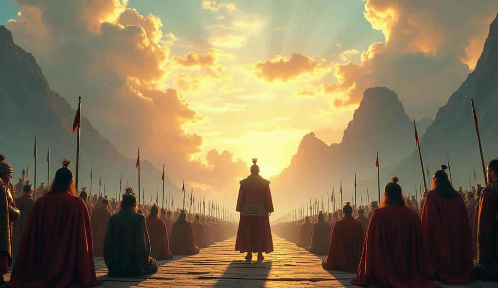 "Grand scene in 1206: Temujin is proclaimed Genghis Khan on a wooden platform, surrounded by leaders of various clans kneeling. The sky is open with golden clouds and rays of sunshine illuminating only him. Ao fundo, a gigantic spiritual blue wolf appears in the mountains, looking at him with glowing eyes, as if the legends came to life. The Mongol army extends to the horizon like a true pack ready to conquer. cinematic style, realistic with mythological touches and epic atmosphere."

