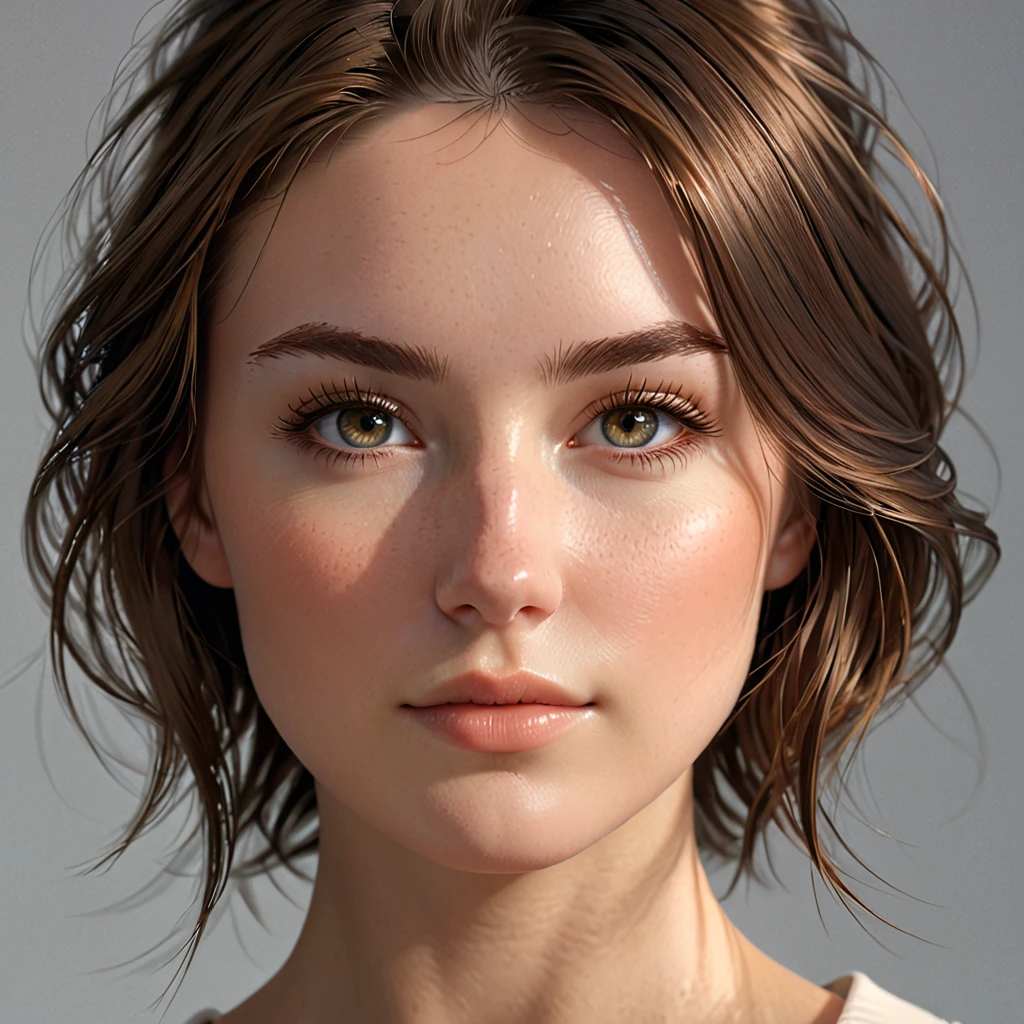 Ultra-realistic portrait of a beautiful woman with a cute and softly glowing face, full cheeks, smooth fair skin, defined V-shaped face with a gently rounded chin, naturally arched eyebrows, large expressive hazel eyes with thick lashes, a small straight nose, and soft, thin lips with a natural sheen. Her face is perfectly symmetrical with a subtle jawline, elegant features, and a serene, confident expression. Her hair is deep brown, tied loosely in the back with a few strands falling softly around her face. Soft cinematic lighting highlights her natural beauty and smooth skin texture. Inspired by the visual aesthetics of Pascal Blanche, Greg Rutkowski, and Ilya Repin — blending photorealism with a subtly stylized, emotional and ethereal quality. Clean background, full facial clarity, high detail, sharp eyes, portrait centered.
