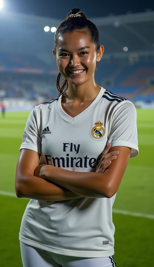 (best quality,highres:1.2),ultra-detailed,realistic,portrait,photorealistic:1.37,beautiful girl fan,excited expressions,cheering,uniform Real Madrid,stadium, on stadium have F-22 raptor fighter background