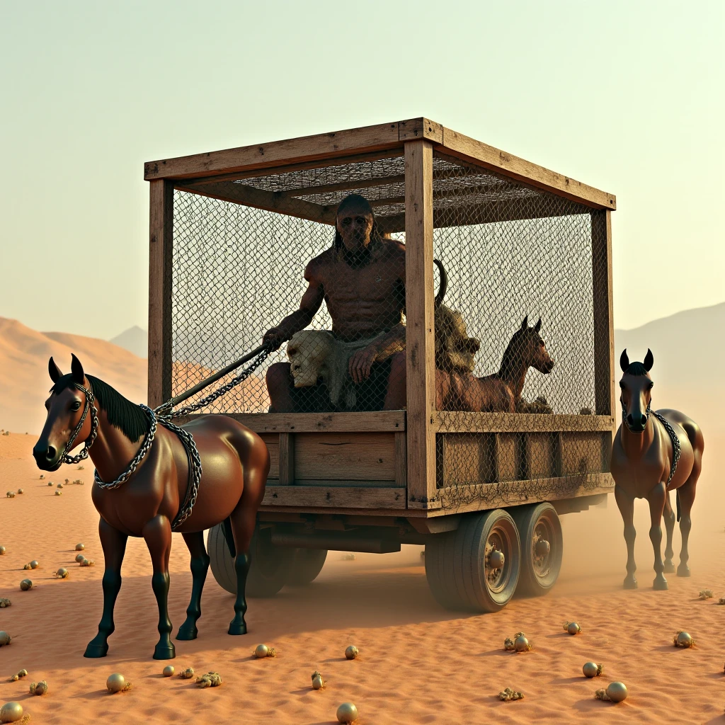 A young skinny white skin handsome handsome shirtless prince in a small Roman carriage with 4 horses in the desert