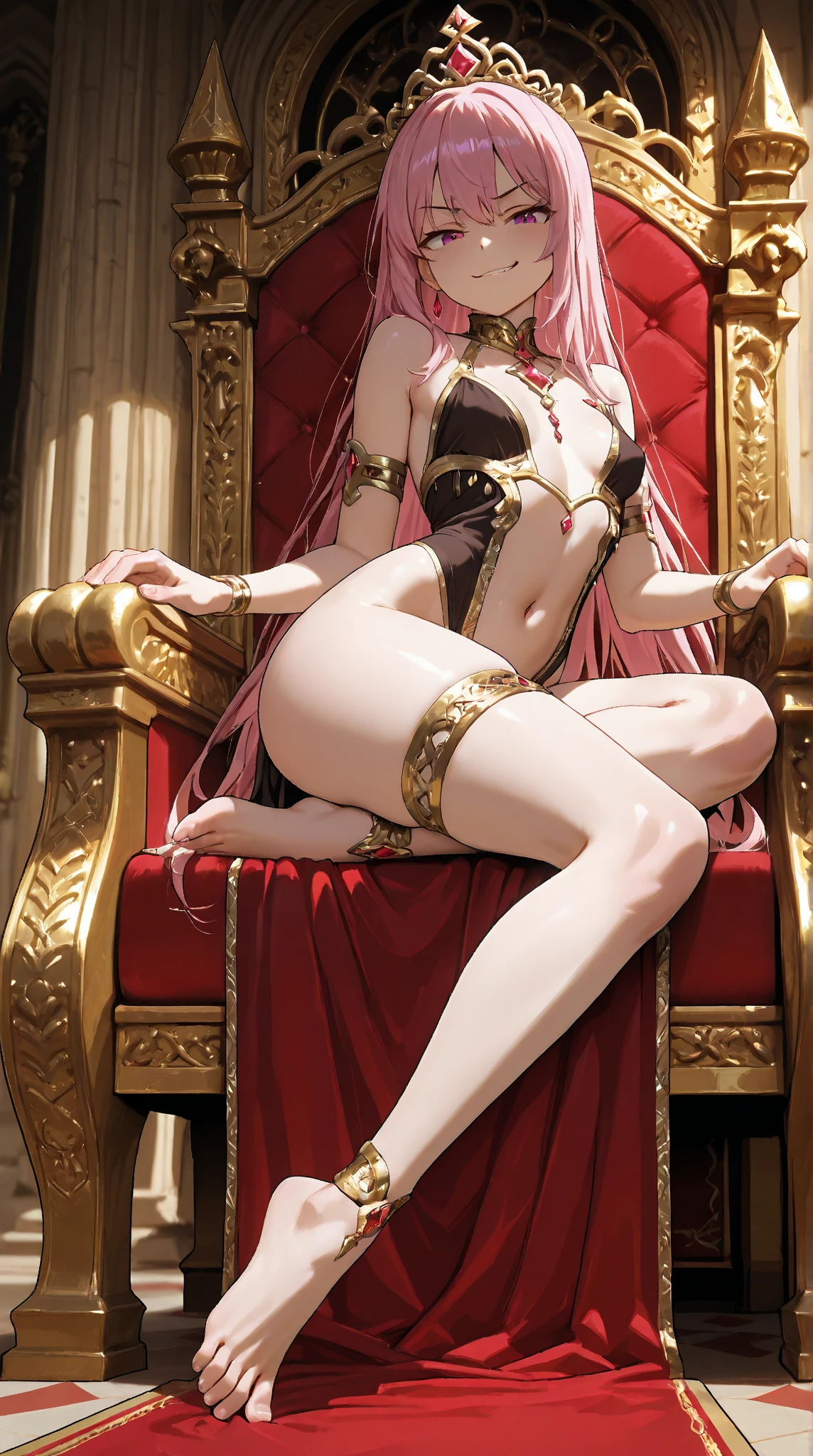moody lighting, cute girl, (platinum hair), ((very long drill hair)), perfect face, smug smile, (blood red eyes), (naked), (petite), (slender), (tiny breasts), (flat chest), ((18 years old)), skindentation, extreme detail, attractive oval face, pink lips, pink nipples, glossy skin, detailed hair, ornamental gold necklace, gold earrings, ((1 girl)), (stockings), full body, (high heels),