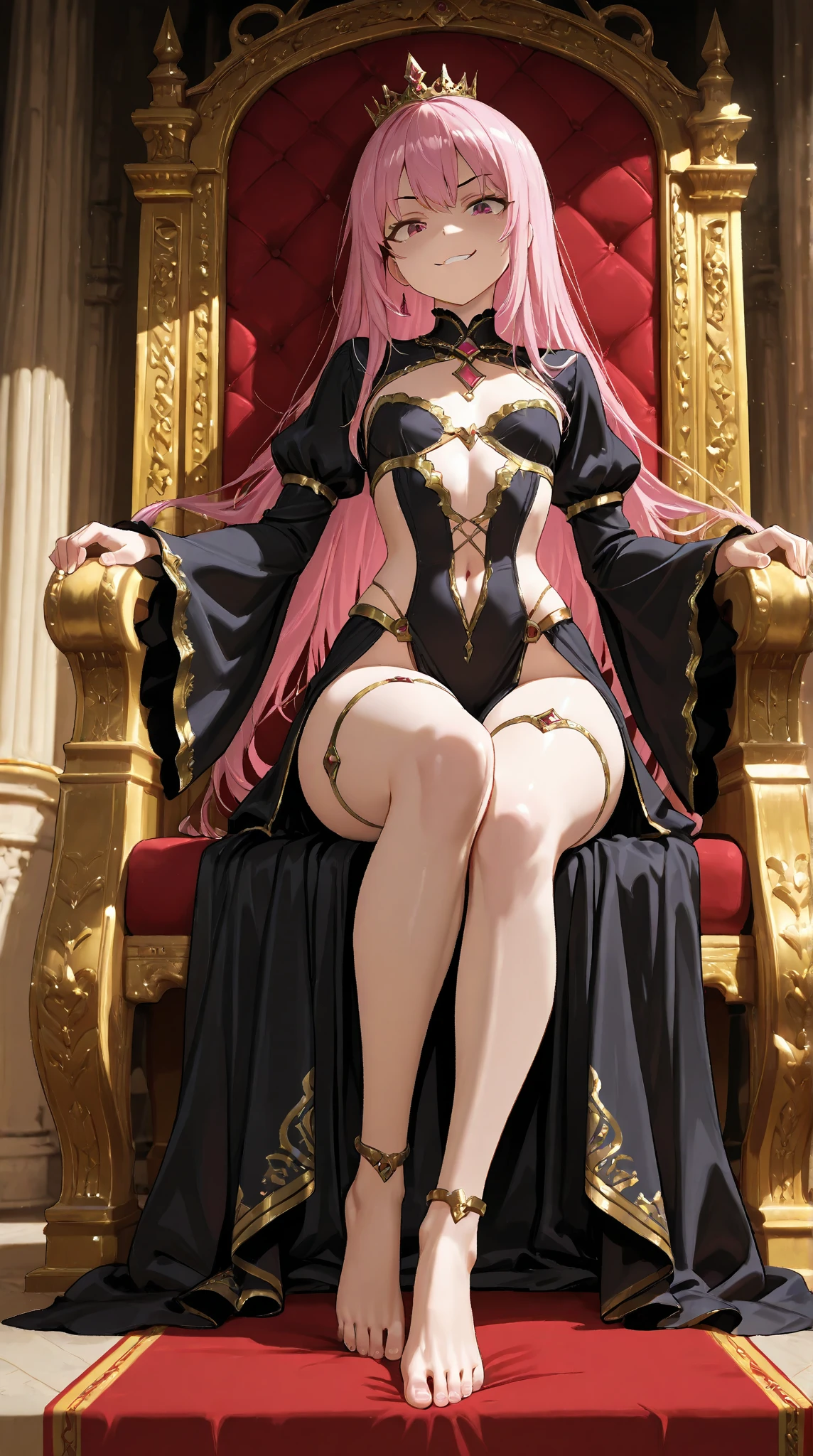 A beautiful mature woman with long pink hair and pink eyes sitting on a throne with a seductive simrk on her lips