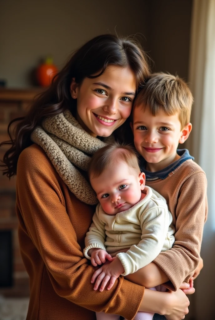 (masterpiece, best quality) Happy family enjoying the vibrant autumn leaves in the park. A loving mother surrounded by her three cheerful kids.