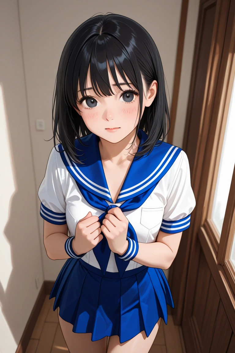 photo of sexy 1girl, tall,leggy,smile,standing in neat rows, in the school gymnasium, wearing white (basic school sailor uniform), long sleeve, blue sailor collar, shiny blue tie pleated blue_mini_skirt, beautiful eyes, shiny black hair,navy short socks, full body shot, closeup shot, from front, from below, dutch angle shot, wide view,