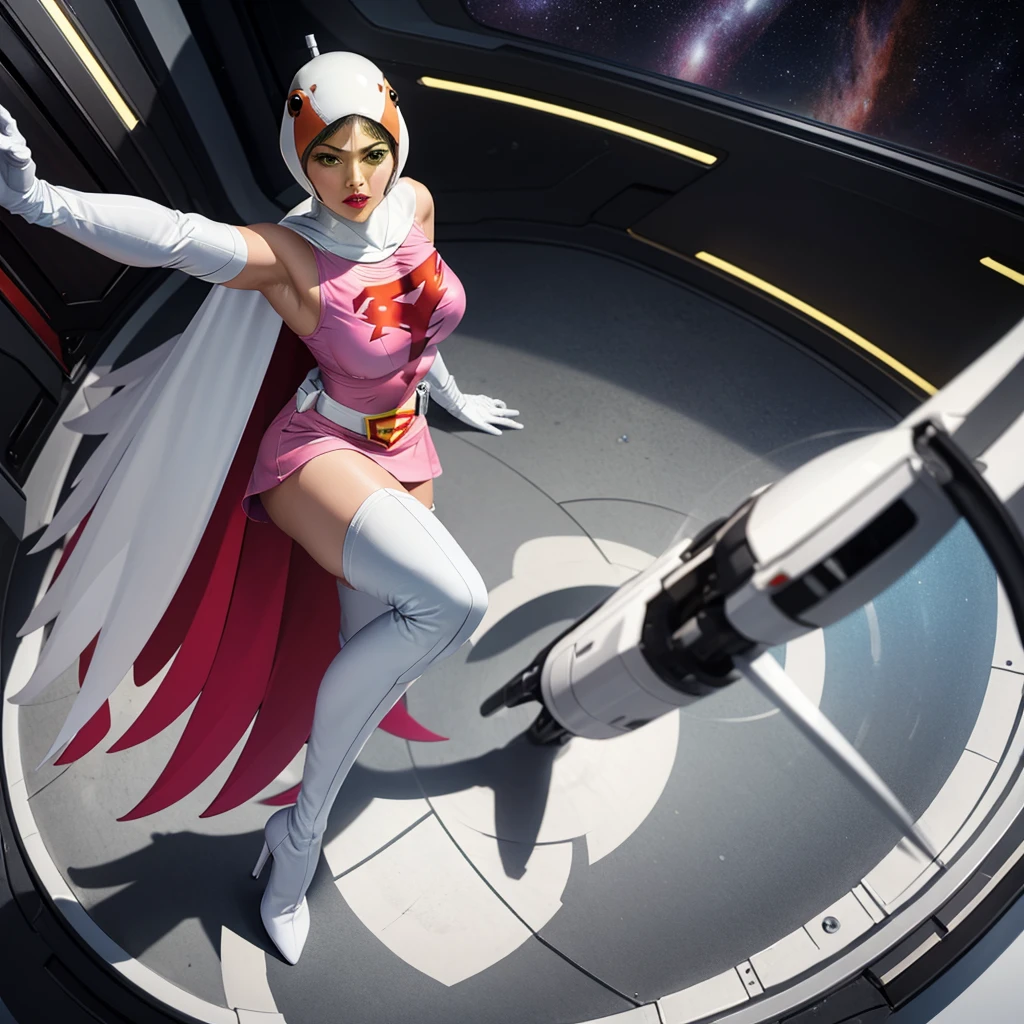 ANI_CLASSIC_jun_gatchaman_ownwaifu,1girl, 18yo,good anatomy, masterpiece, best quality,realistic, hyperrealistic, 16k hdr,
long hair,breasts,green eyes,lips,large breasts,lipstick,makeup,gloves,cape,helmet,belt,elbow gloves,white gloves,mask,ultra miniskirt,leotard,spacesuit,white legwear,pink dress,superhero,bodysuit,cleavage,erected nipples,(sexy pose,from below:1.2),(spread legs:1.1),cameltoe,smile,sitting,space ship