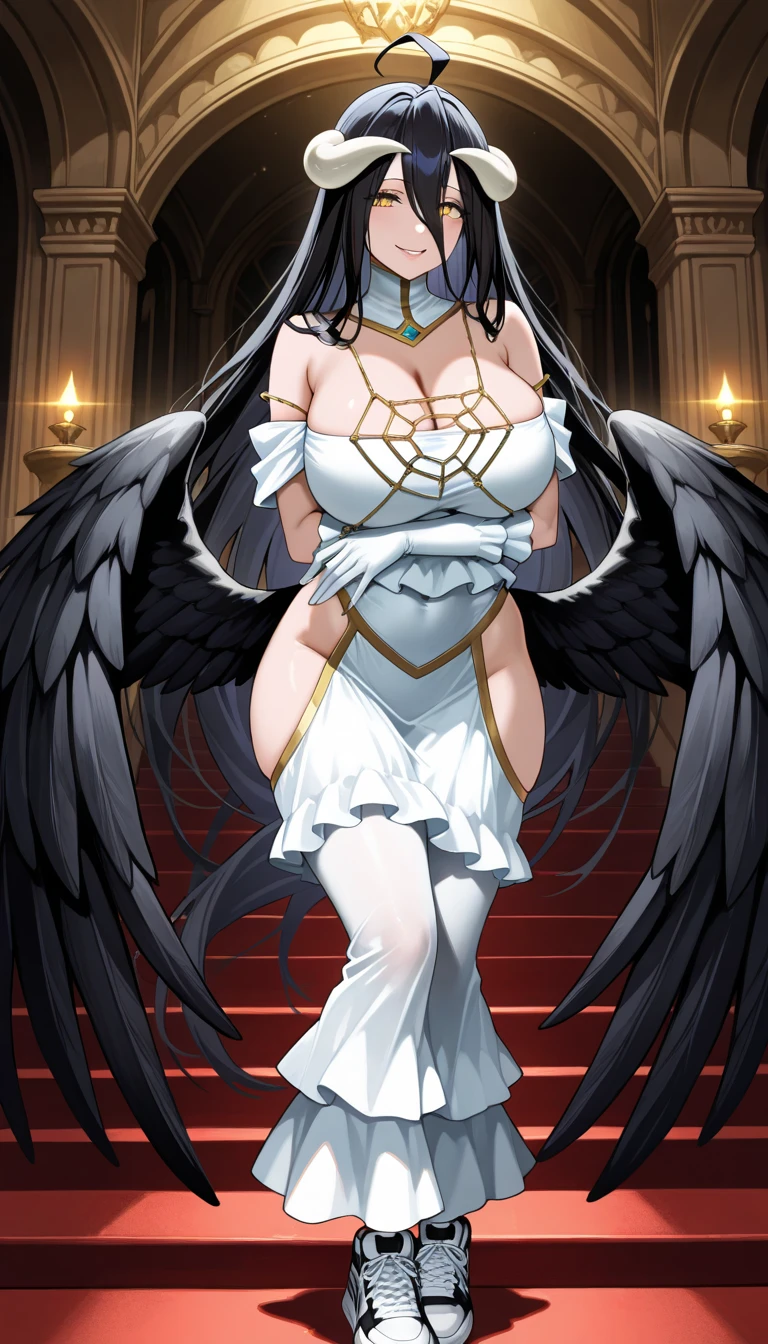 An angel (Kate Beckinsale, age 25, platinum blonde hair, halo, large pair of white wings, sheer silk dress, holy corona, majestic pose), crowded cathedral