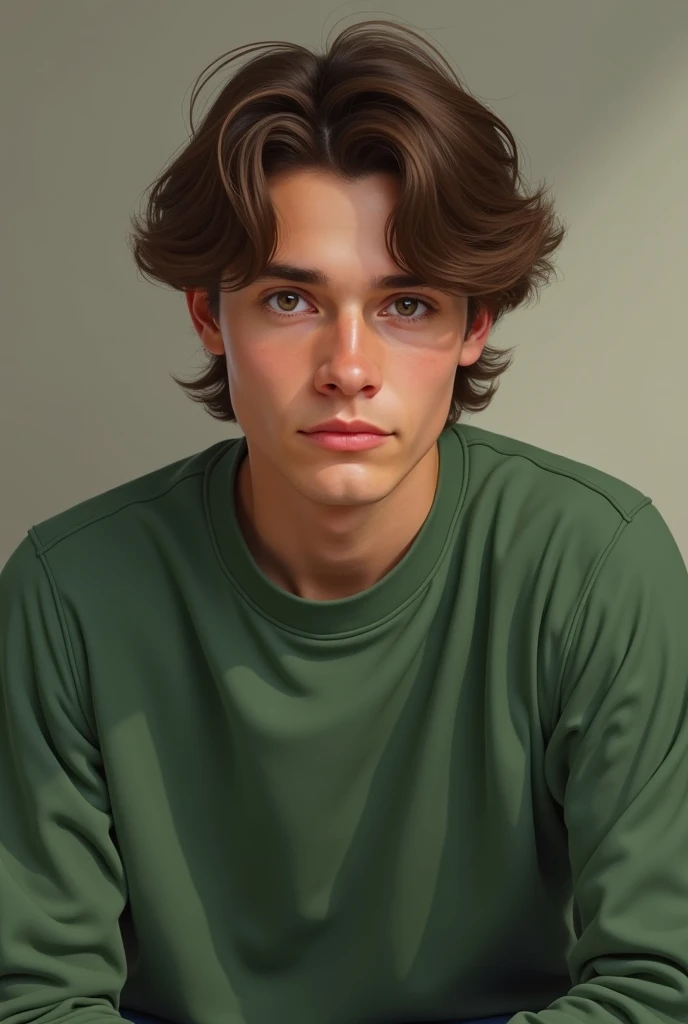  drawing of a young man dressed in green closed sweatshirts, with brown hair and white skin color.