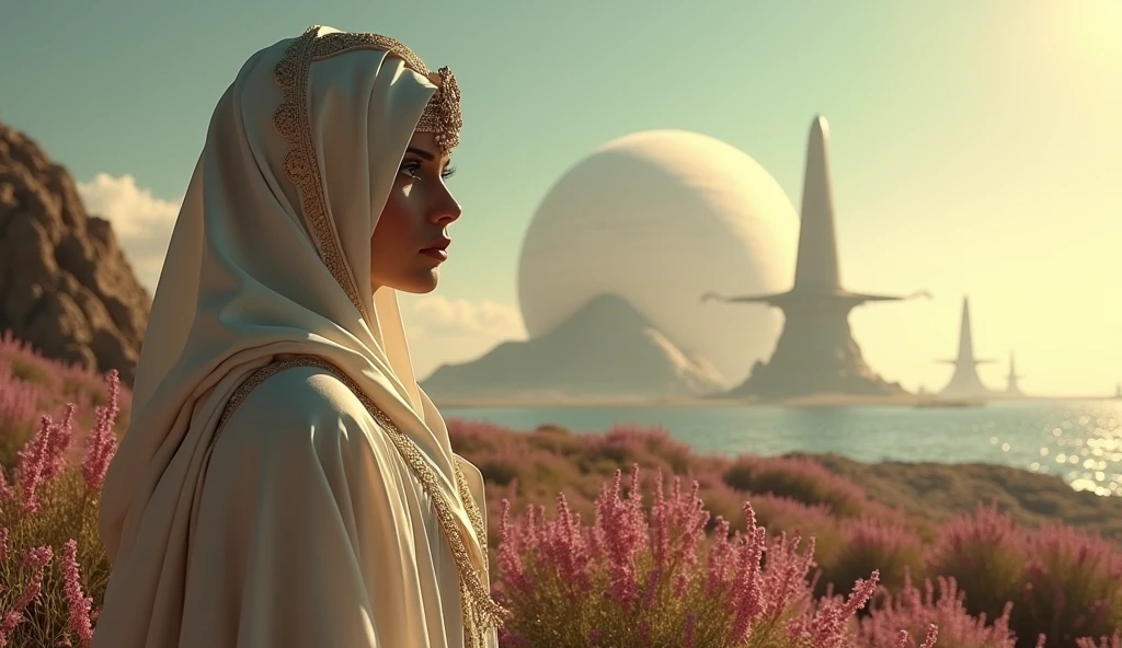Beautiful oriental woman in traditional Middle Eastern white outfit, looking full face. on the moon of Uranus. Futuristic spaceship in the background. Stunning landscape. dramatic lighting. In the distance - ancient, beautifully designed alien structures of a long-gone civilization. Dense fantastic vegetation.  flowers. sea. cinematic composition, rich colors, The mystical and emotional atmosphere. Inspired by Greek music, male vocals, with drama and passion.