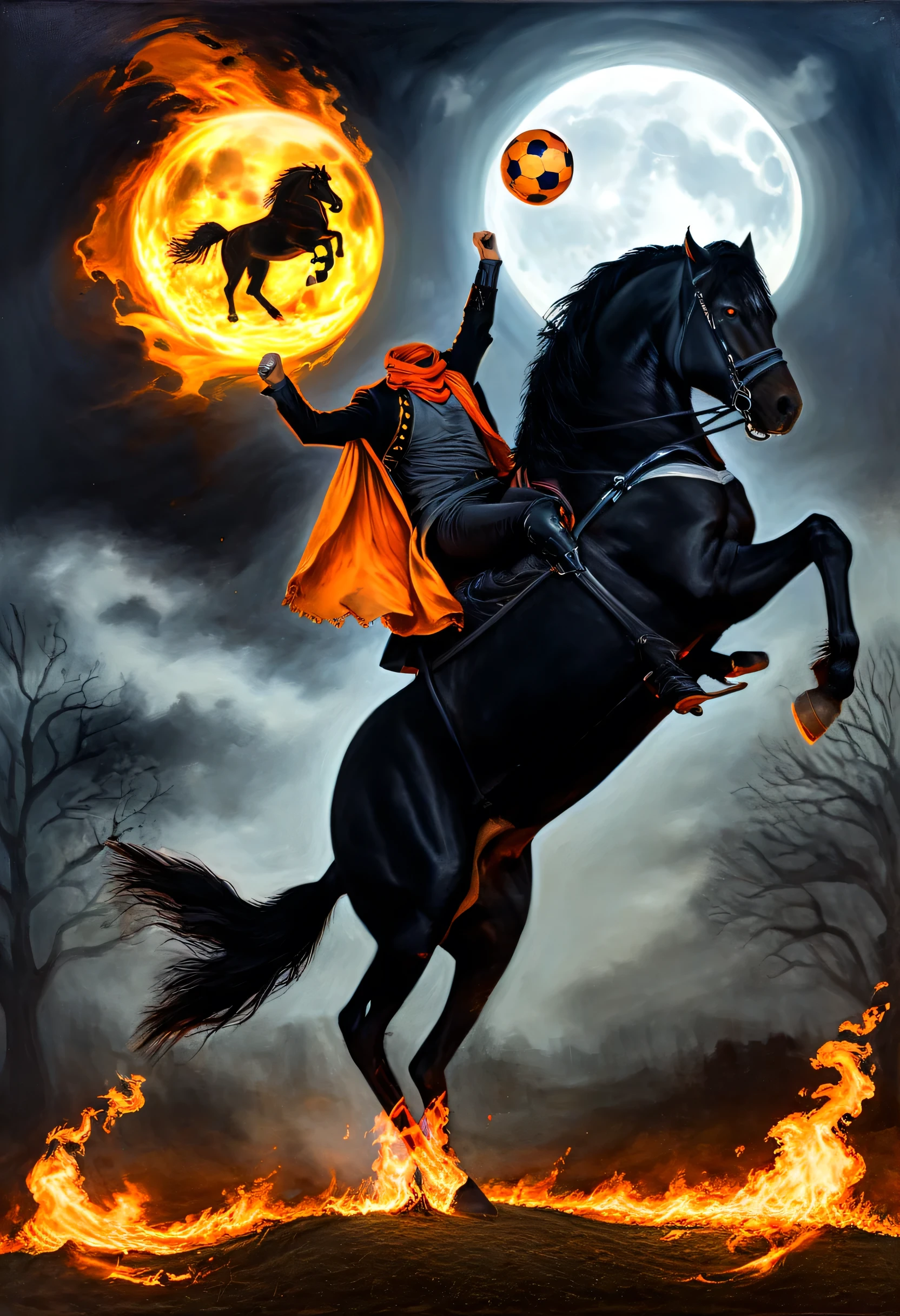 The Headless Horseman, wearing an orange scarf, riding a black horse, arm raised ready to throw a flaming soccer ball in his grasp at the camera, dramatic pose, oil painting, dramatic spooky background, night, full moon, cinematic lighting