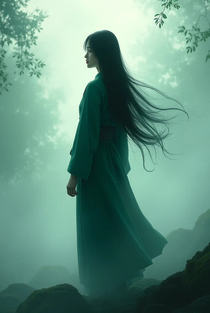 Re fais ça mais l'homme ne doit pas être visible il n'est qu'une silhouette blanche. La fille aux longs cheveux noirs doit être en kimono vert foncé