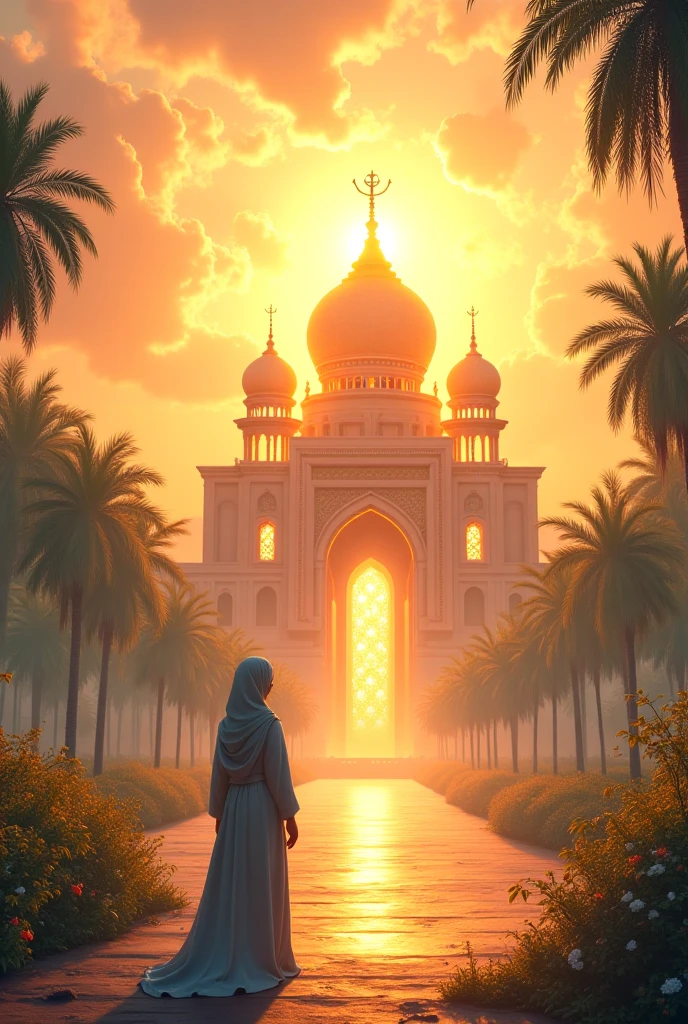Create an illustration of a dream scene where a poor but kind woman stands in awe in front of a beautiful, radiant palace in Jannah (Paradise). The sky is glowing with soft golden light, lush gardens surround the palace, and a peaceful angel stands beside her, smiling gently. The palace sparkles with divine beauty, and everything looks serene and heavenly. The woman is emotional and humbled, wearing simple clothes but with a glow of faith on her face.