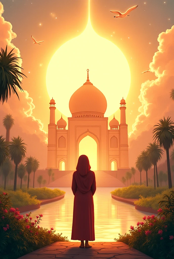 Create an illustration of a dream scene where a poor but kind woman stands in awe in front of a beautiful, radiant palace in Jannah (Paradise). The sky is glowing with soft golden light, lush gardens surround the palace, and a peaceful angel stands beside her, smiling gently. The palace sparkles with divine beauty, and everything looks serene and heavenly. The woman is emotional and humbled, wearing simple clothes but with a glow of faith on her face.