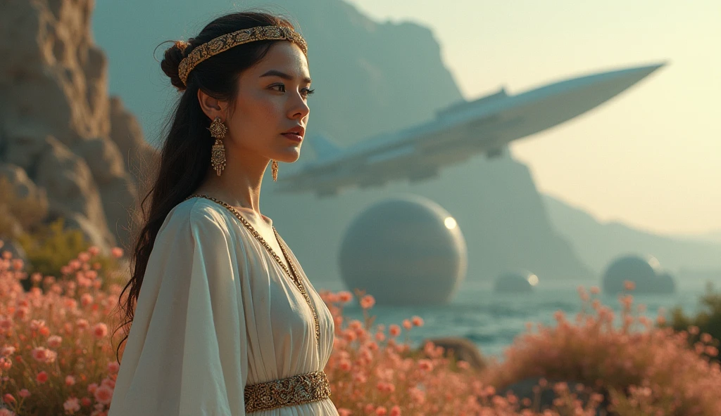 Beautiful oriental woman in traditional Middle Eastern white outfit, looking full face. on the moon of Uranus. Futuristic spaceship in the background. Stunning landscape. dramatic lighting. In the distance - ancient, beautifully designed alien structures of a long-gone civilization. Dense fantastic vegetation.  flowers. sea. cinematic composition, rich colors, The mystical and emotional atmosphere. Inspired by Greek music, male vocals, with drama and passion.