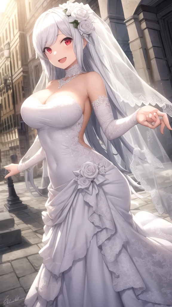 Beautiful woman housewife with wavy purple hair light eyes firm body perfect breasts blushing face cheerful tender blushing cheeks smile charming in wedding dress veil choker sweetheart neckline