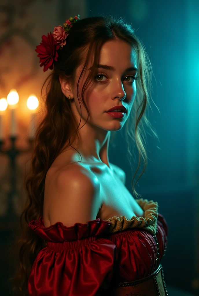 (Brass tone Renaissance portrait echoing Antonio del Pollaiolo’s Beatrice Portinari reimagined with a provocative Hustler twist, view:1.3) captured from an intimate, voyeuristic angle where warm candlelight delicately illuminates her classically refined features, while cool cyan and deep blue hues create a bold, modern edge. The cinematic lighting, enriched with a sultry smoky overlay, accentuates every alluring contour, maintaining a nod to the timeless elegance of Beatrice Portinari even as it ventures into audacious, ?????? territory. (A racy, provocative reinterpretation of Beatrice; irresistibly ????, with perfect curves, an enticing gaze, and a captivating blend of Renaissance grace and Hustler audacity:1.4), videography,score_9, score_8_up, score_7_up, score_6_up, score_5_up, score_4_up, 1girl, (Beatrice Portinari, long brown hair), serene expression, large bright eyes, elegant hairstyle with flowers, rich red and green dress, ornate collar, graceful pose, soft blurred background, Renaissance beauty, sensual elegance
