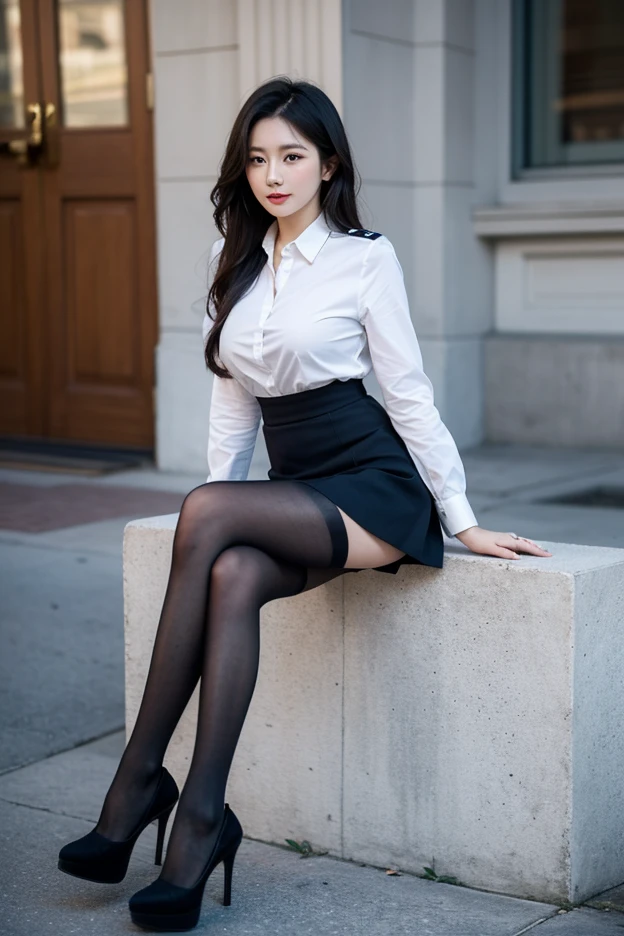 high qulity,Best quality at best,Full body like,Refined face,Nice face,length hair,being thin,silk stockingsa,lacepantyhose,skinsuit,office lady uniform,perfect body figure,high-heeled,volutpuous,Bigchest,Leaking skirt,In a beautiful street,hugetits,The shirt