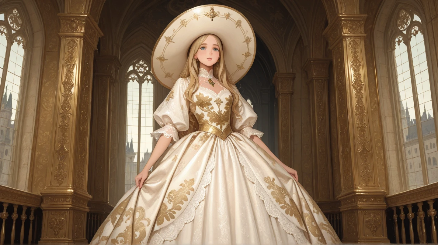  1 girl, wearing princess dresses, wearing a wide-brimmed hat,  Lace pattern , standing by the window of the castle, white dress, Luxurious gold pattern