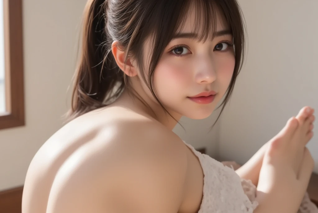 highest quality, Face Focus, Soft Light, Ultra-high resolution, (Realistic:1.4), RAW Photos,
1 Japanese girl, alone, cute, (pupil, Light in your eyes), Beautiful face in every detail, (),(High resolution detail of human skin texture),
(Long Hair)、Rake up your hair with both hands、ponytail、
indoor,
topless,From below、
(Portraiture)
