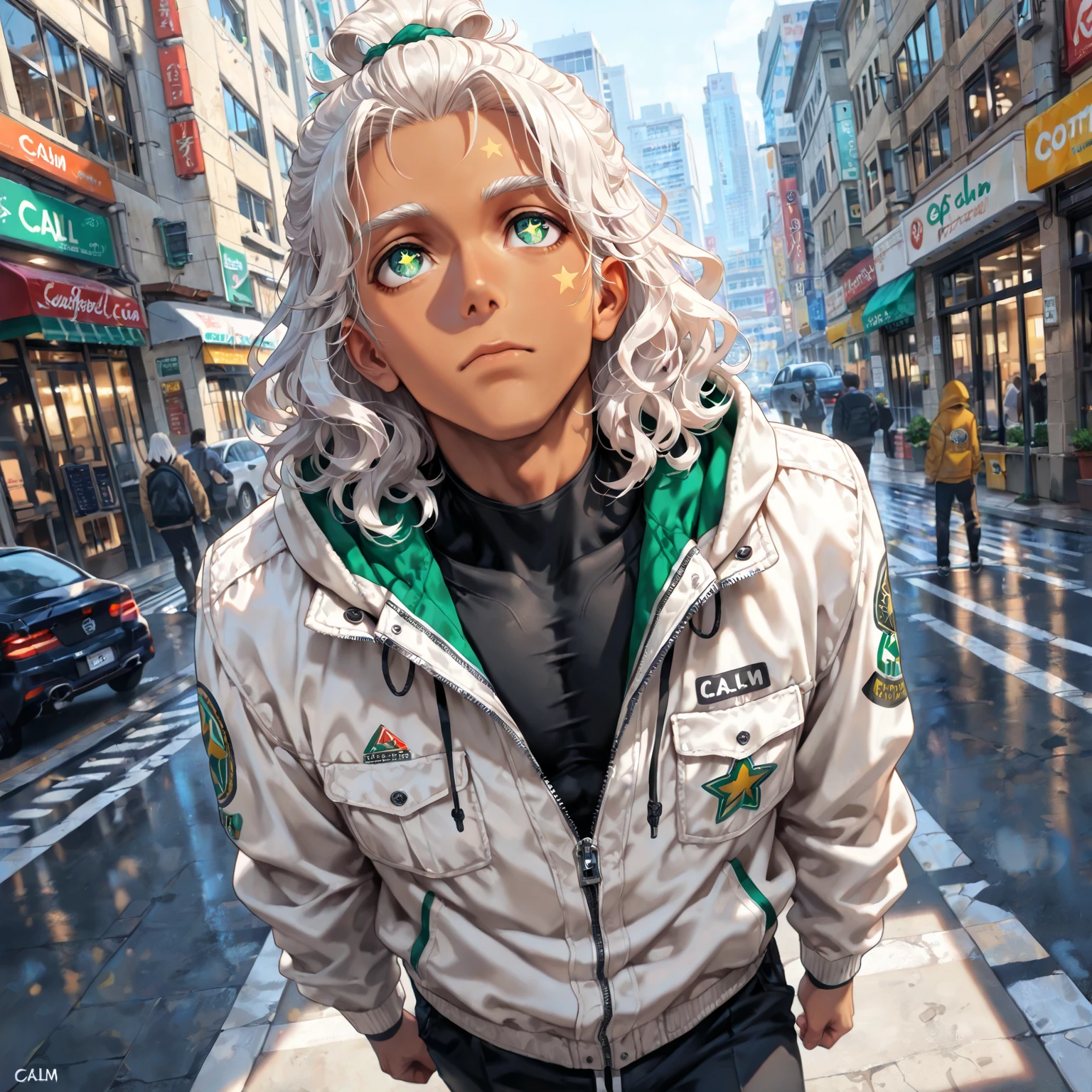 ((masterpiece, best quality, 1male, male focus, masculine, solo, closed mouth, muscle, hands to side,)) (medium length hair, white hair, top knot, wavy hair, emerald green eyes, star eyes, calm expression, perfect eyes, male face, perfect face, modern clothing, white zip-up jacket, cotton jacket, unzipped, hood on, black undershirt, baggy black pants, white jordans, caramel skin tone, caramel skin color, dark skin tone, standing still, looking up, behind angle,) ((city background, street, buildings, civilians, afternoon, detailed background))