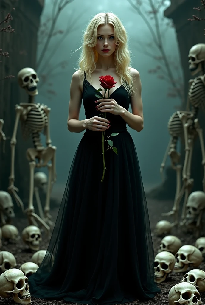 A woman with blond hair and a long black dress, mysterious eyes as you look at a red rose in your hands, several skeletal skulls around you 