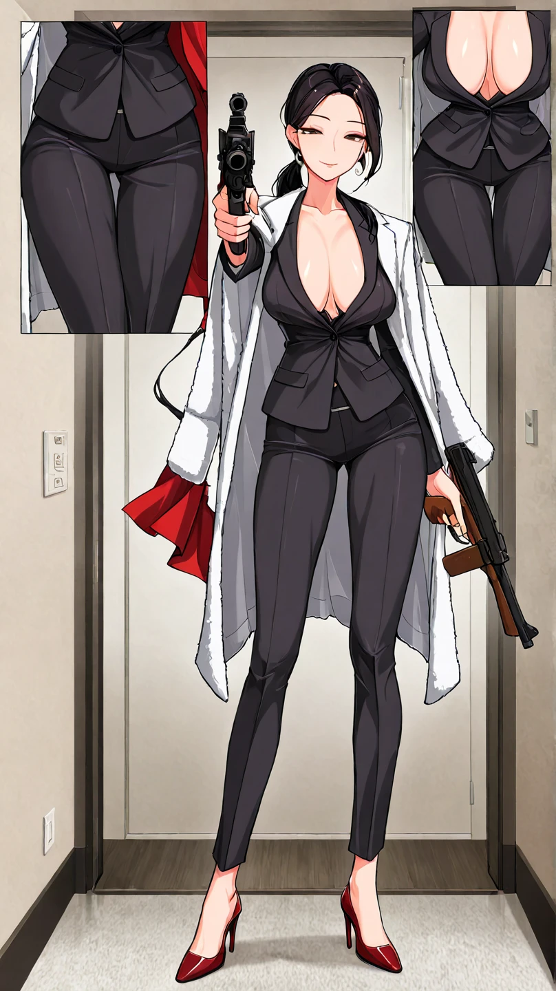 perfect anatomy, beautiful face, beautiful eyes, shinjiye, 1girl,short hair, large breasts, black hair, mole, lips, mole under mouth, masterpiece, best quality, highly detailed, a girls with a gun, open mouth, blazer, sexy gaze, (nsfw) not
safe for work, badass pose , evil smile, smile, black bra, anime girl with long hair, long haired girl,
navel, evil expression, exposed belly, exposed navel, exposed midriff, exposed lower belly, micro
miniskirt, micro pencil skirt, pencil skirt ,holding a gun, outdoor,street,road, navel piercing , lipstick,open arms sideway,
arms T-pose, smirk, standing, anime girl T posing