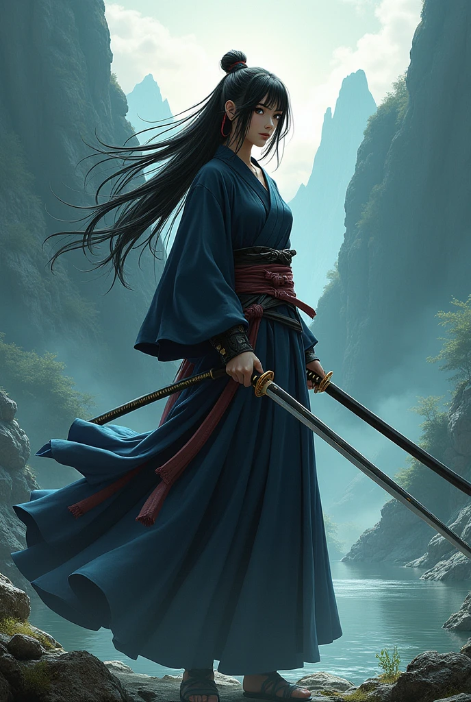 Create a character with long hair, that use two katanas in the art style of Tite Kubo, Send me 6 images 