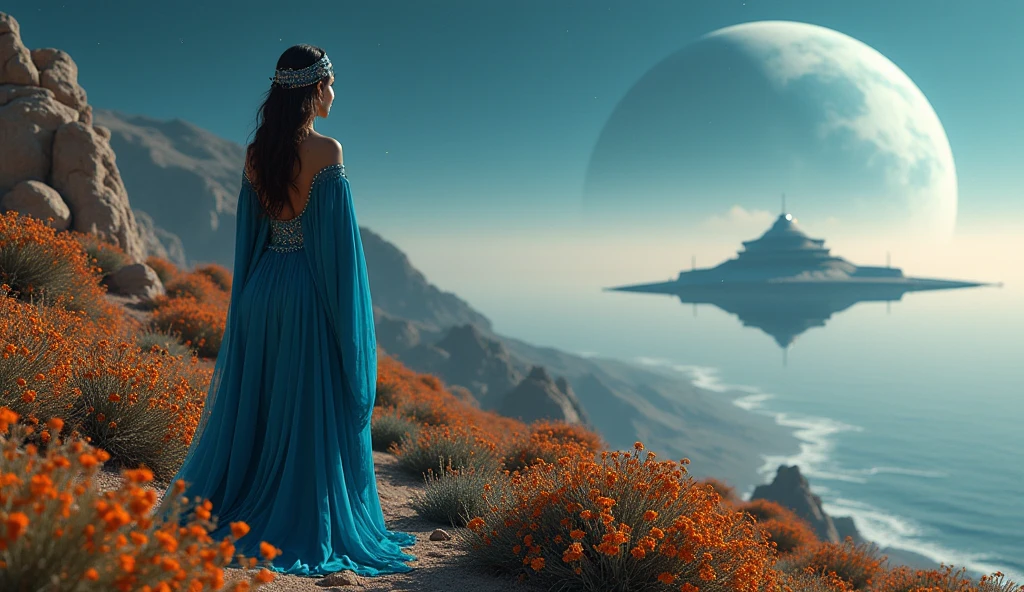 A beautiful oriental woman in a traditional Middle Eastern blue outfit, looking full face. on Saturn's moon. Futuristic spaceship in the background. Stunning landscape. dramatic lighting. In the distance - ancient, beautifully designed alien structures of a long-gone civilization. Dense fantastic vegetation.  flowers. sea. cinematic composition, rich colors, The mystical and emotional atmosphere. Inspired by Greek music, male vocals, with drama and passion.