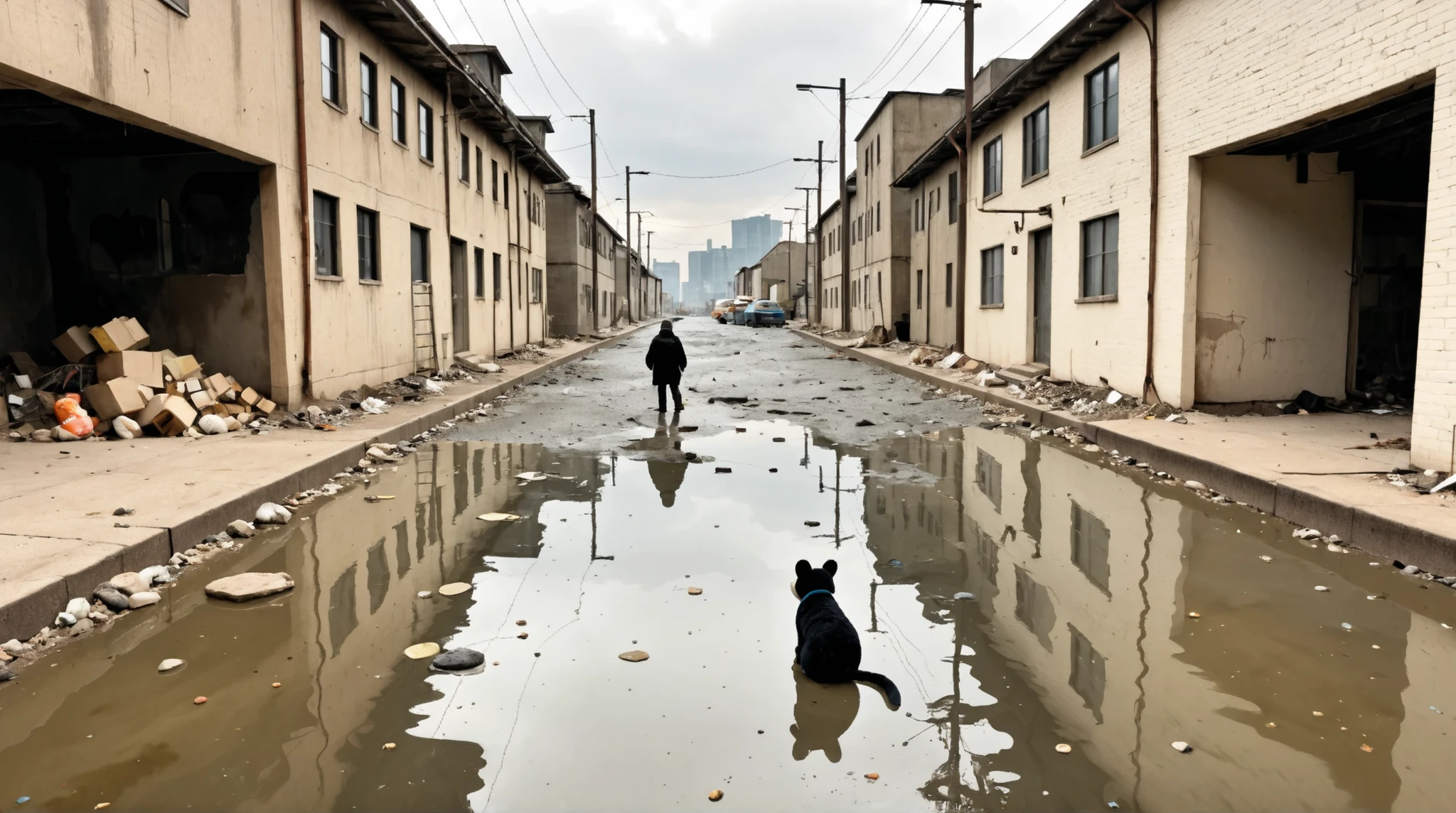 SCP-589 - The Price of Obsession, from SCP lore, SCP-589 is a stuffed animal that is able to change its appearance based on the subjective desires of the first person to come in contact with it; and the ability to create a calming, soothing sensation within anybody who sees or comes into physical contact with it, oppressive and depressing urban environment, polluted and dirty city, grim dusk timeset, 4k 3d, fanart, industrial dramatic color, stunning, industrial suburban art, scary art, moody lighting, 4K, masterpiece