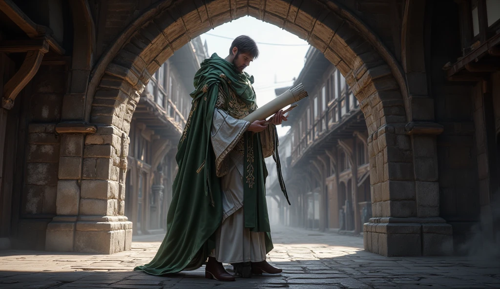 In a medieval European city in the Middle Ages A lonely courier stands under a shady arch, in an elegant green cloak, holds a scroll in his hands.