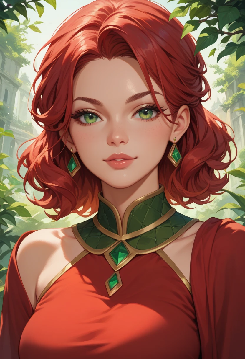 cowboy style manhwa with a girl with shoulder-length red hair, green eyes, natural beauty, helle Haut, The red Indian clothes wear 