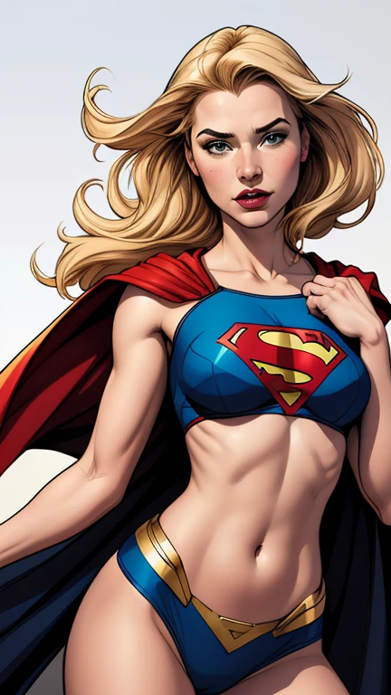 a beautiful comic book illustration of Supergirl from DC Comics, drawn by artist Jim Lee, Artgerm, (edge lighting:1.1), long hair, an extremely beautiful, high resolution portrait photo of the super heroine Supergirl, (skintight:1.1), crop top, (bare midriff:1.1), miniskirt, muscular, sixpack abs, detailed eyes, (cowboy shot:1.1), cleavage, slender, ultra highres, 4k high resolution, posing