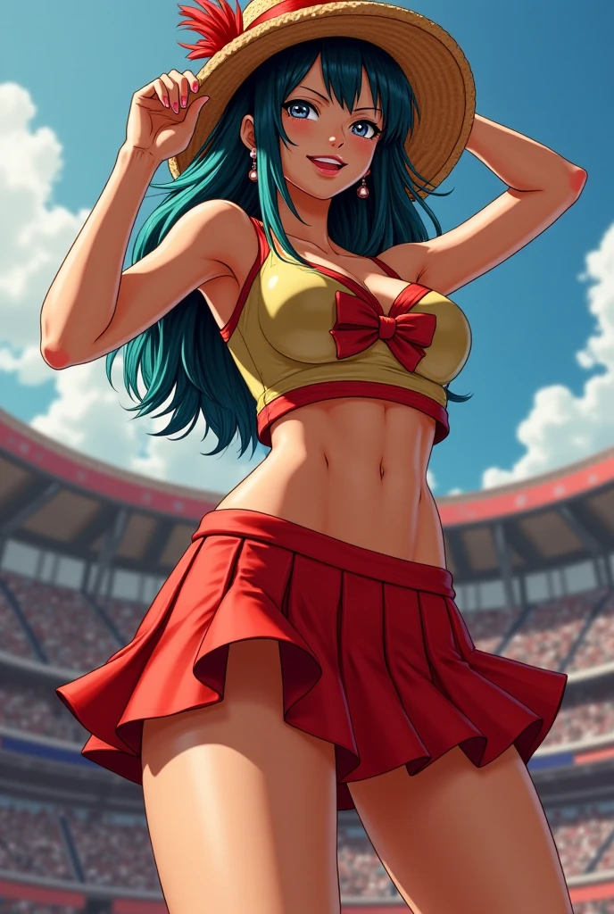 <lora:NEW_Lora:0.7> skirt wind, ass visible through thighs, <lora:Elfquest_Leetah:0.6> leetah, pointy ears, necklace, crop top, red top:1.1, cleavage, midriff, blue skirt, long skirt, yellow frills, red boots, best quality, masterpiece