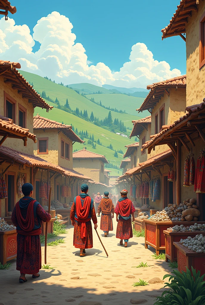 Please create a visual that reflects Turkic motifs and village life