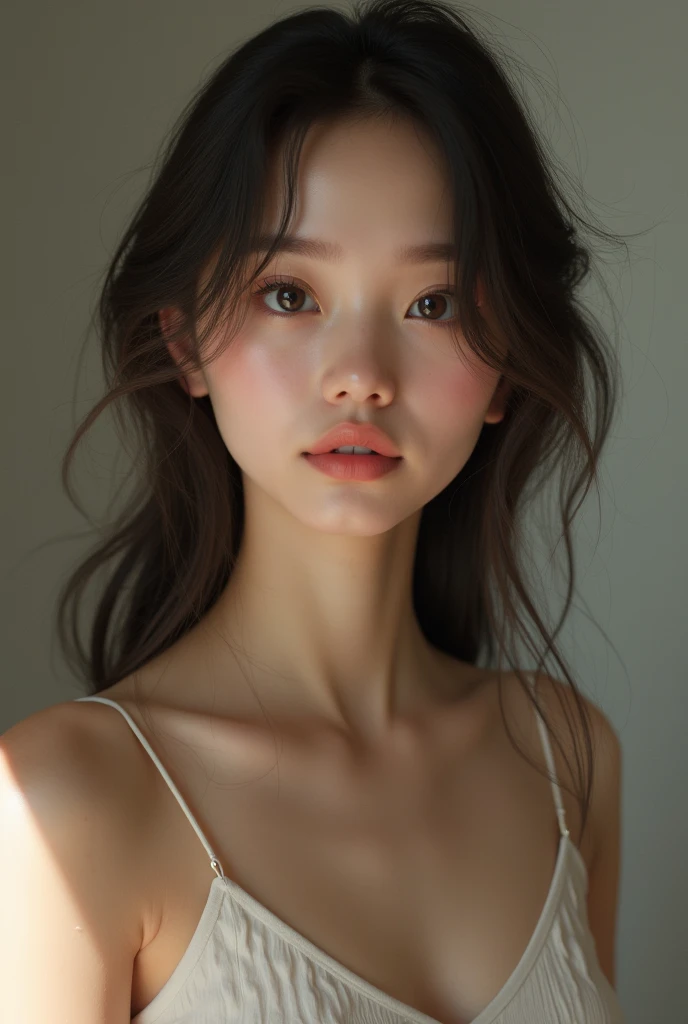 軽めのLayer Styles、Transparent woman、young、White T-shirt、Reduces neck volume、Fair-skinned pretty woman、No blunt ends、Layer Styles、Gourd Shape、The body is oblique、looking at the camera、Chest-length hair that makes you tilt your head、Brown color