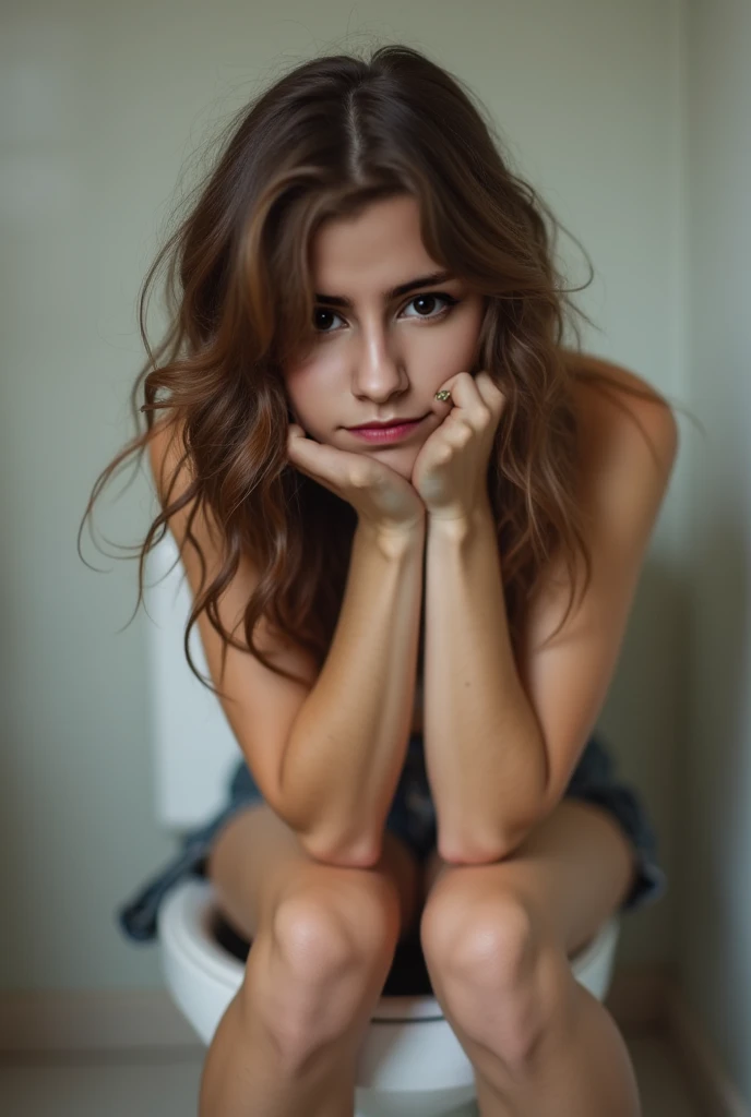 young dark blonde woman sitting on top of radiators, long hair, she is wearing a hot pan and a top, surprised girl