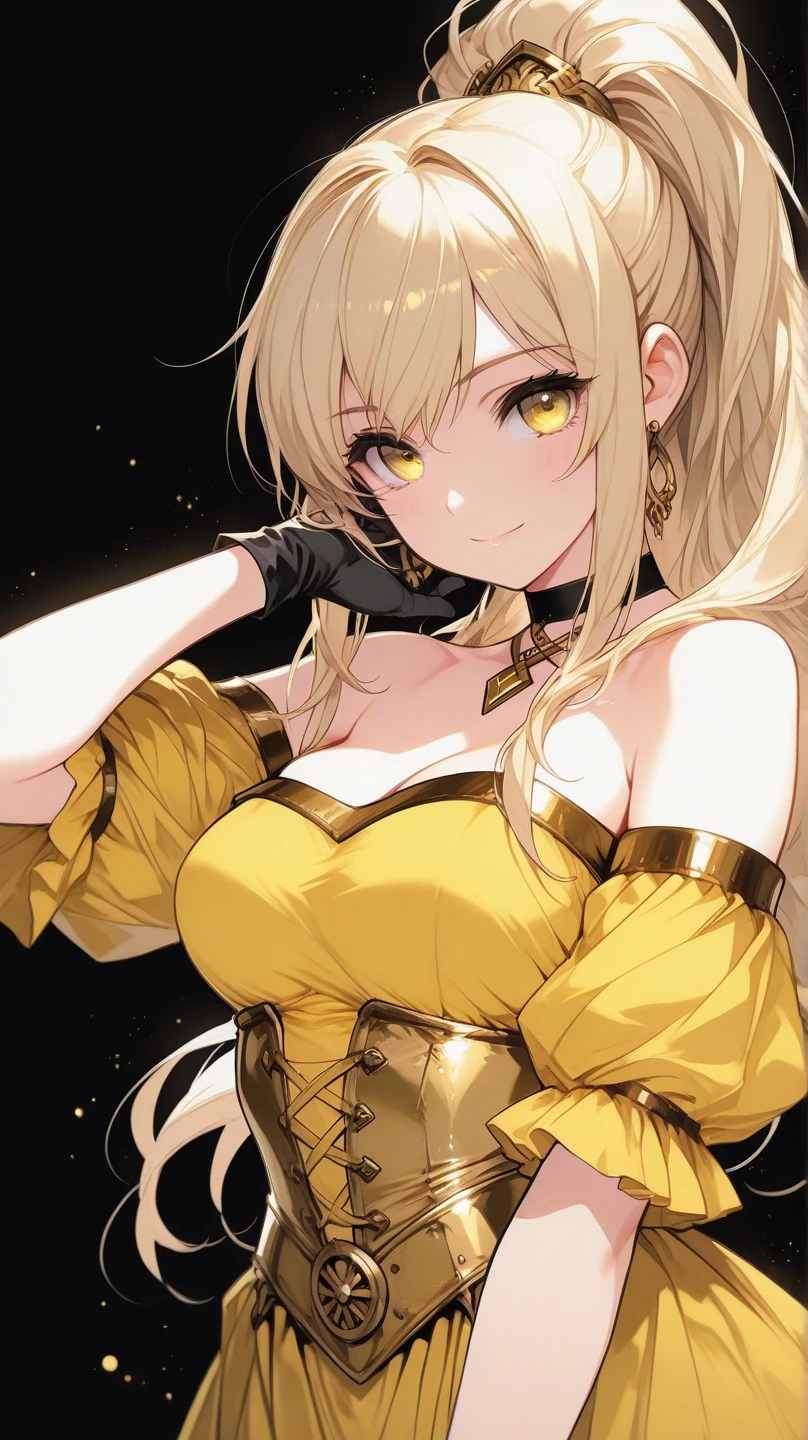 ((((Obra maestra, La mejor calidad, ultrahigh resolution)))), 1girl, standing,), ((long pure blonde hair, hair over eye)), long hair cut, shiny skin, ((green eyes)), glowing_eyes, neon eyes, (ultra detailed eyes:0.7, beautiful and detailed face, detailed eyes:0.9), ((centered)), smirk, facing viewer, ((vibrant background, dark lighting, summer, sunlight)), large chested, looking at viewer, ((half closed eyes)), ((perfect hands)), (((head:1, arms, hips in view, elbows, in view))), ((hands behind back)), empty eyes, beautiful lighting, ((outside, outdoors)), defined subject, head tilt, (((gritty)), ((creepy)), ((cool)), ((beautiful)), (((SFW))), hair ornament, petals in the air, moon in the sky, city, mature woman, adult woman, sfw, dark gold night dress, night dress, she is a princess, smiling