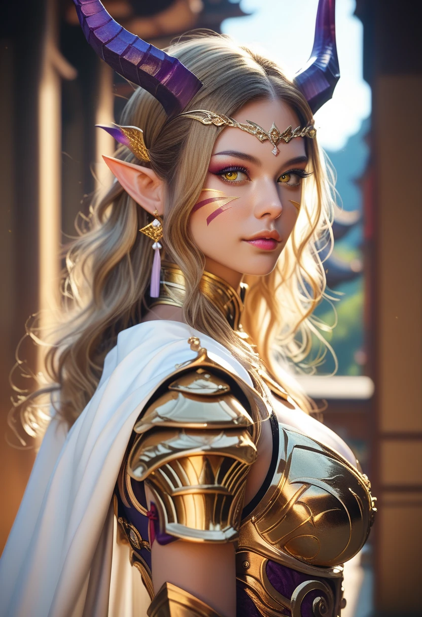 Beautiful demon, (((futa))), photoreaistic, brown skin, purple horns on head, gold markings on face, long gold hair, gold eyes, pointy ears, fit. Wearing gold armor and white cape. Gold armor skirt. Japanese castle background. 