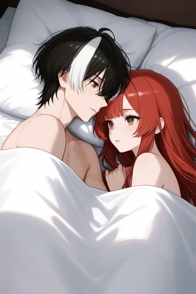 Boy with orange hair sleeping with a girl with long black hair